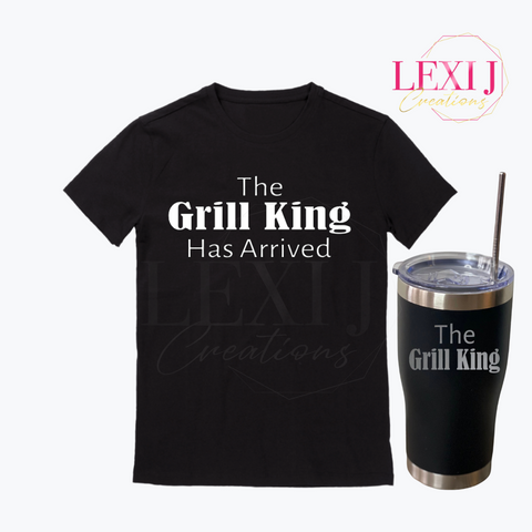 The Grill King Has Arrived Gift Set includes a t-shirt and tumbler.