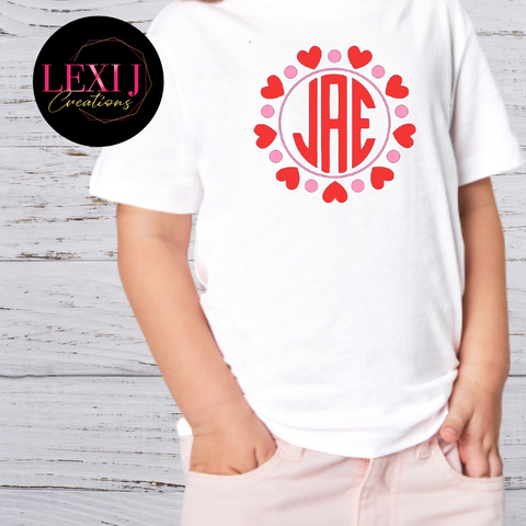 Personalized Initials Valentine's Heart on white t-shirt.