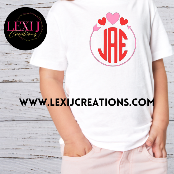 Personalized Initials Valentine's Heart on white t-shirt.