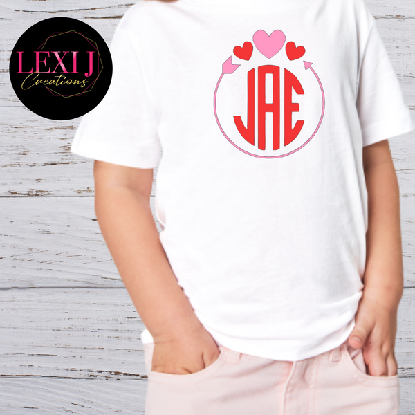 Personalized Initials Valentine's Heart on white t-shirt.