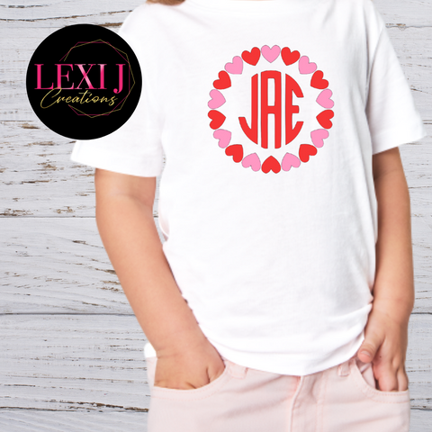 Personalized Initials Valentine's Heart on white t-shirt.