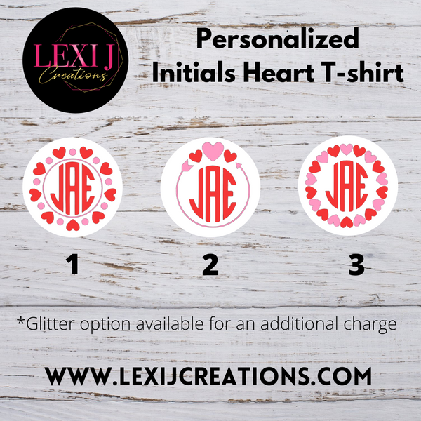 Personalized Initials Valentine's Heart on white t-shirt.