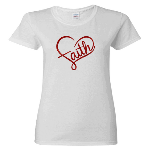 Faith Heart ladies T-shirt  in white and red glitter lettering.
