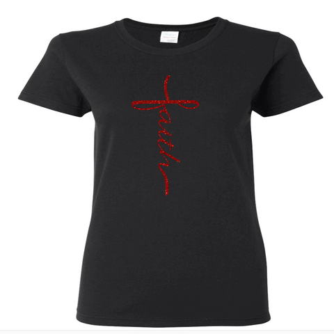 Faith Cross T-shirt in black. Ladies style is available in red glitter. Unisex style available in red lettering.