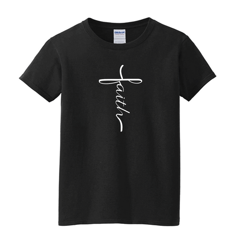 Faith Cross Unisex Black T-shirt and white lettering.