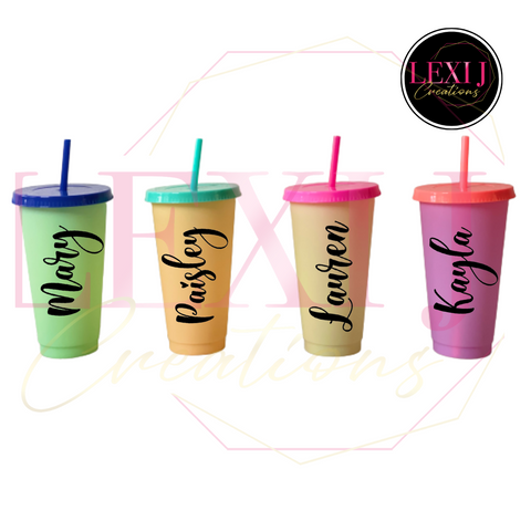 Personalized color changing tumbler changes when a cold beverage is added. Includes lid and straw. 